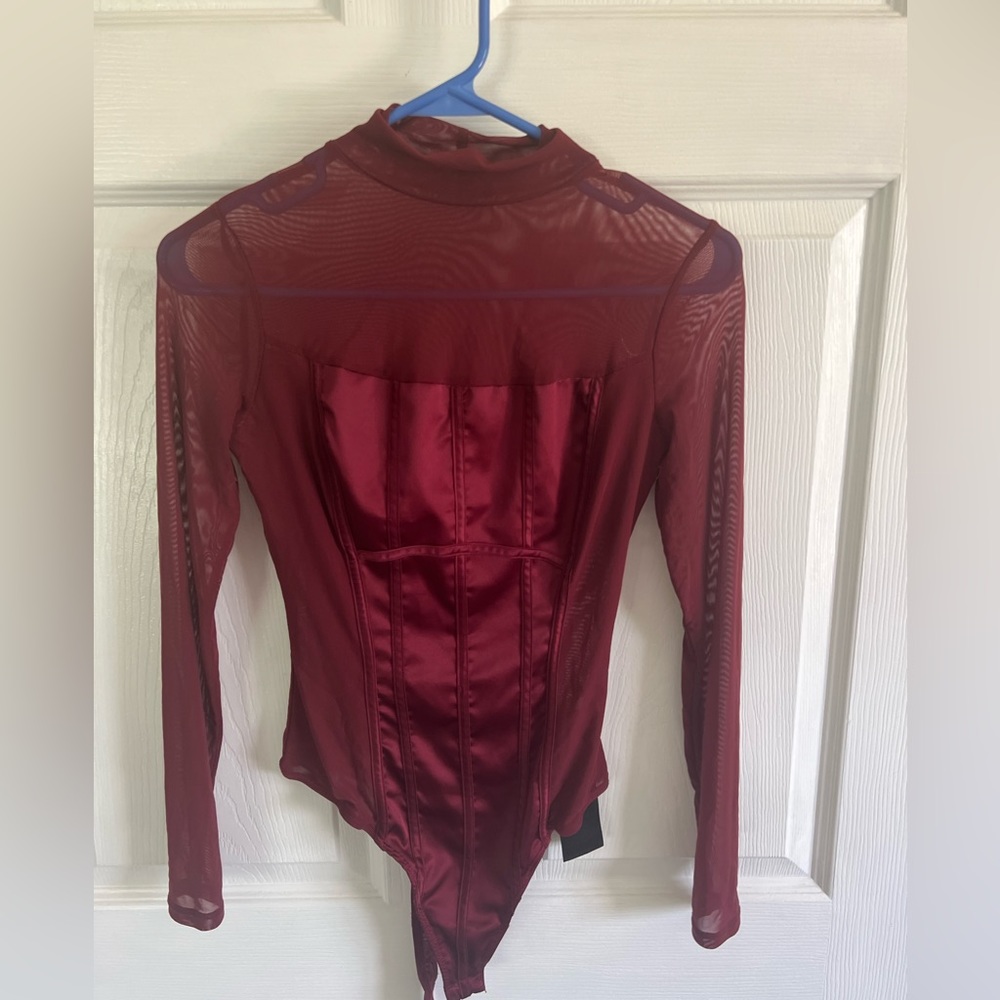 Long sleeve Guess burgundy bodysuit , size:xs , back and sleeves are see through